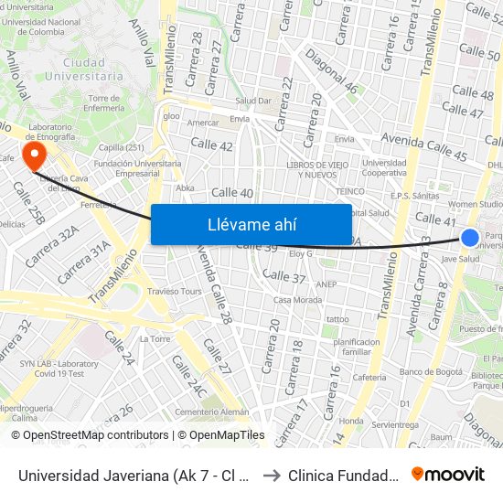 Universidad Javeriana (Ak 7 - Cl 40) (B) to Clinica Fundadores map