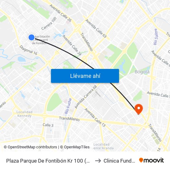 Plaza Parque De Fontibón Kr 100 (Kr 100 - Cl 17a) to Clinica Fundadores map