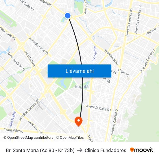 Br. Santa María (Ac 80 - Kr 73b) to Clinica Fundadores map