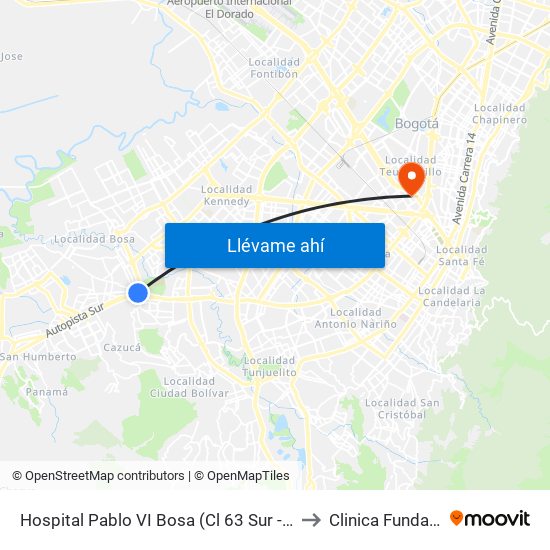Hospital Pablo VI Bosa (Cl 63 Sur - Kr 77g) (A) to Clinica Fundadores map