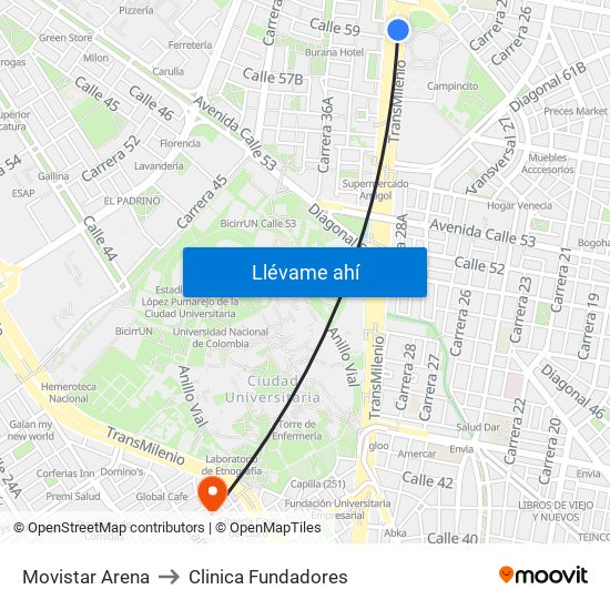 Movistar Arena to Clinica Fundadores map