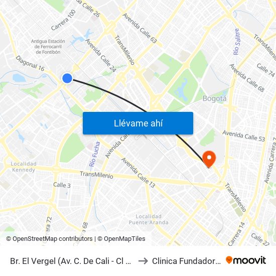 Br. El Vergel (Av. C. De Cali - Cl 18) to Clinica Fundadores map