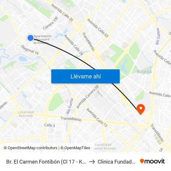 Br. El Carmen Fontibón (Cl 17 - Kr 100) to Clinica Fundadores map