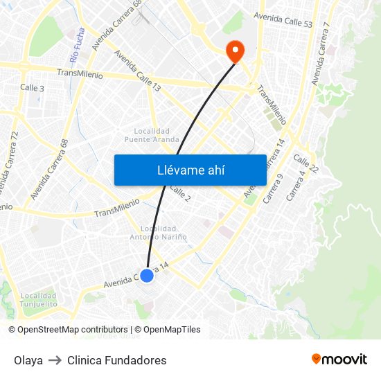 Olaya to Clinica Fundadores map