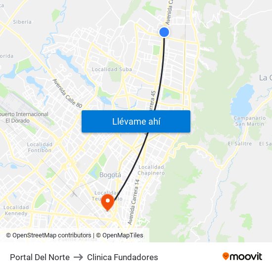 Portal Del Norte to Clinica Fundadores map