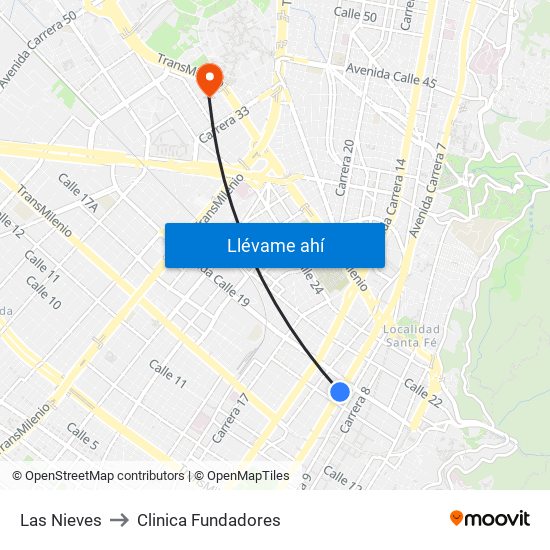 Las Nieves to Clinica Fundadores map