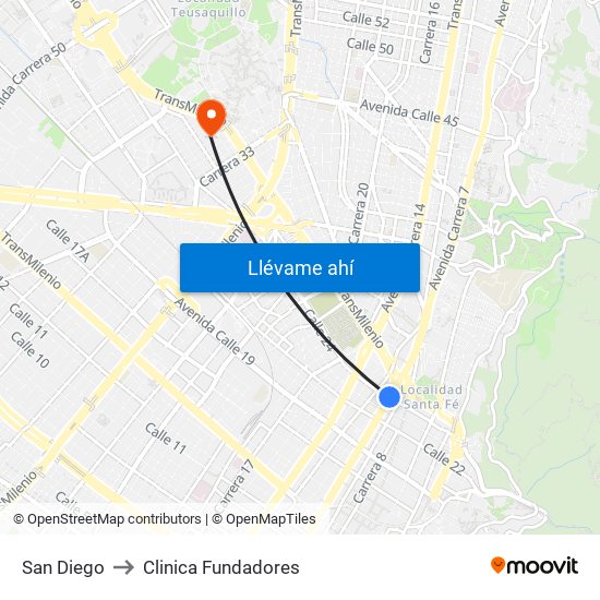 San Diego to Clinica Fundadores map