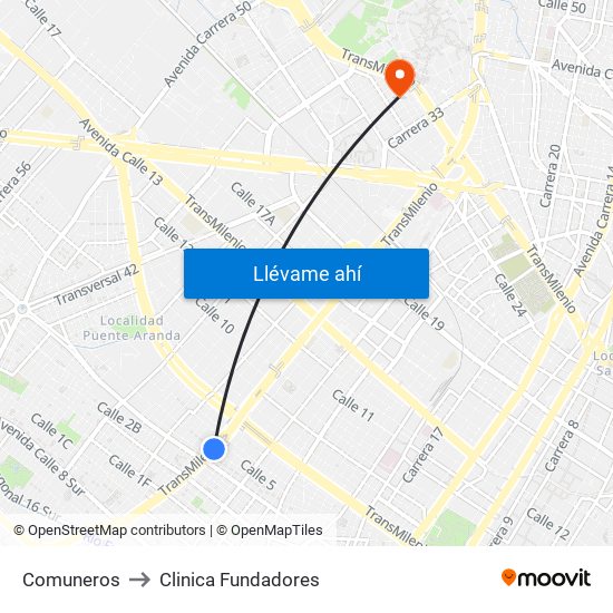 Comuneros to Clinica Fundadores map