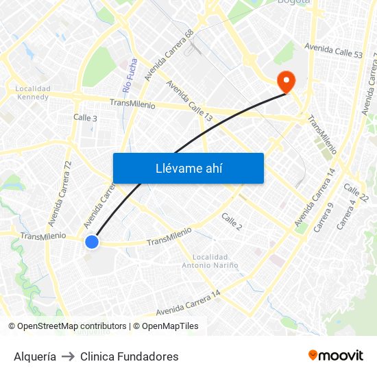 Alquería to Clinica Fundadores map