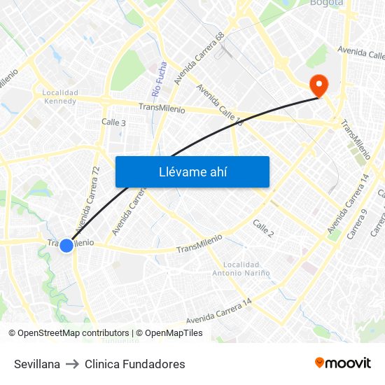 Sevillana to Clinica Fundadores map