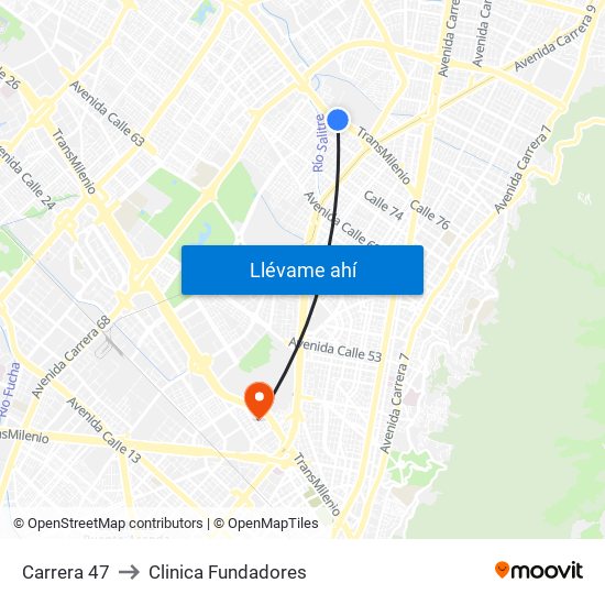 Carrera 47 to Clinica Fundadores map