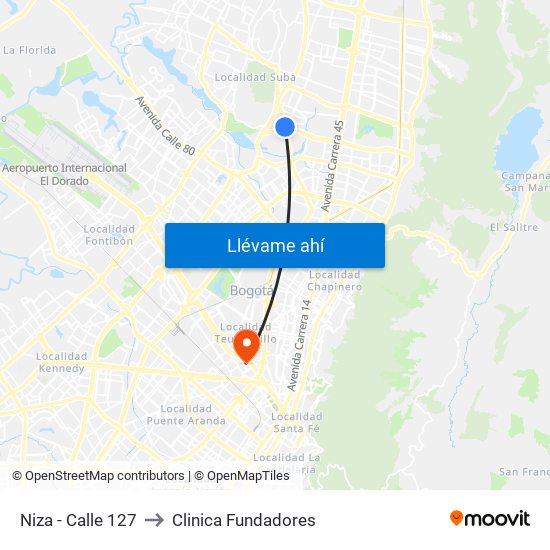 Niza - Calle 127 to Clinica Fundadores map