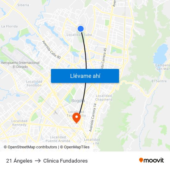 21 Ángeles to Clinica Fundadores map