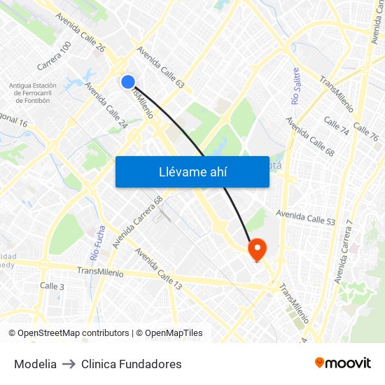 Modelia to Clinica Fundadores map