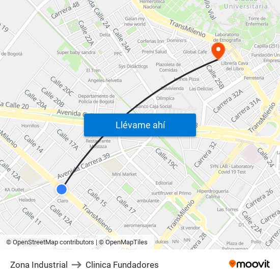 Zona Industrial to Clinica Fundadores map