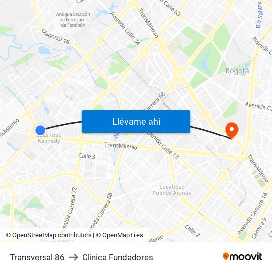 Transversal 86 to Clinica Fundadores map