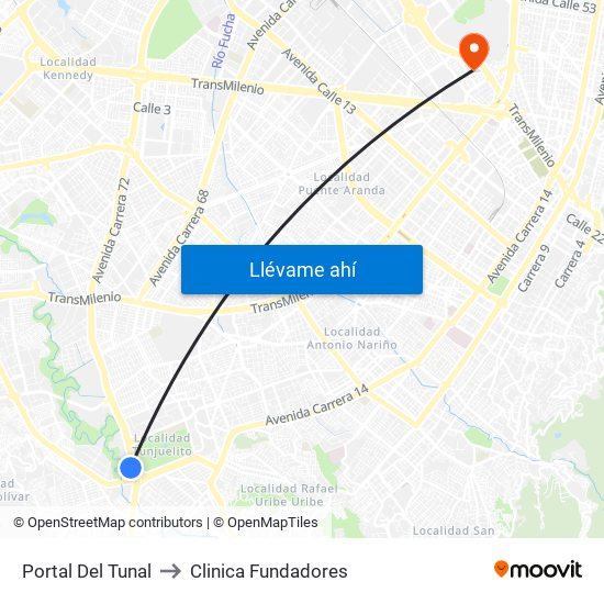 Portal Del Tunal to Clinica Fundadores map