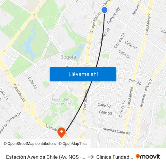 Estación Avenida Chile (Av. NQS - Cl 71c) to Clinica Fundadores map