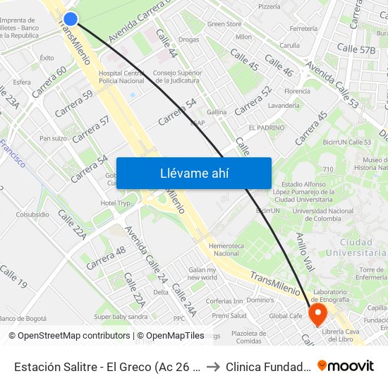 Estación Salitre - El Greco (Ac 26 - Ak 68) to Clinica Fundadores map