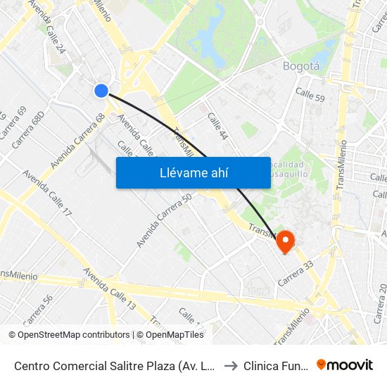 Centro Comercial Salitre Plaza (Av. La Esperanza - Kr 68a) to Clinica Fundadores map