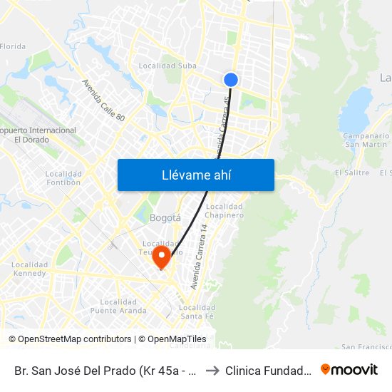Br. San José Del Prado (Kr 45a - Cl 137) to Clinica Fundadores map