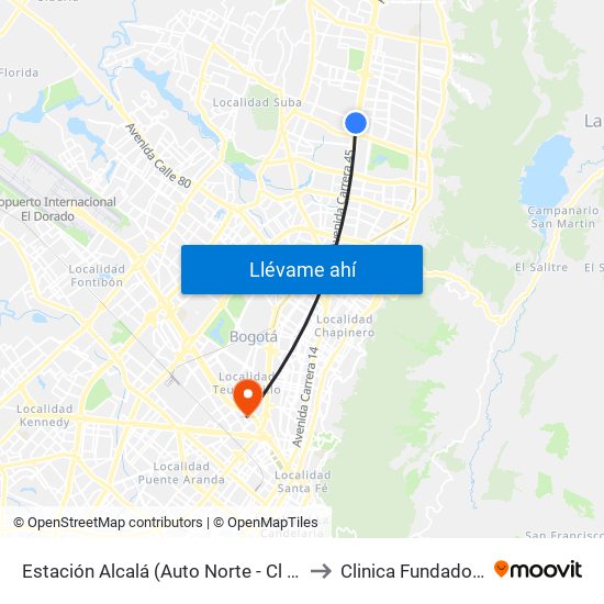 Estación Alcalá (Auto Norte - Cl 136) to Clinica Fundadores map