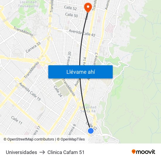 Universidades to Clinica Cafam 51 map