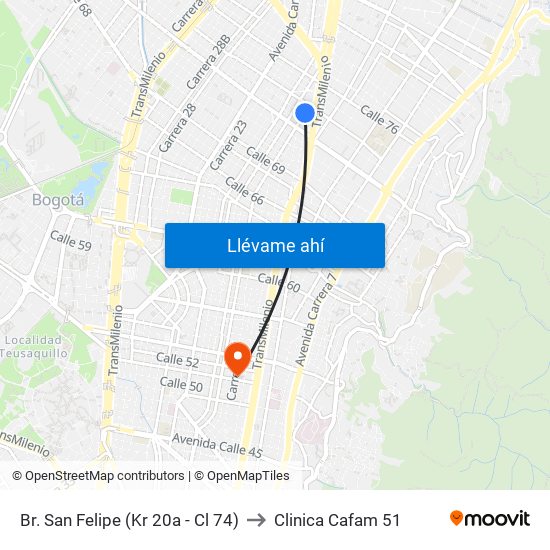 Br. San Felipe (Kr 20a - Cl 74) to Clinica Cafam 51 map