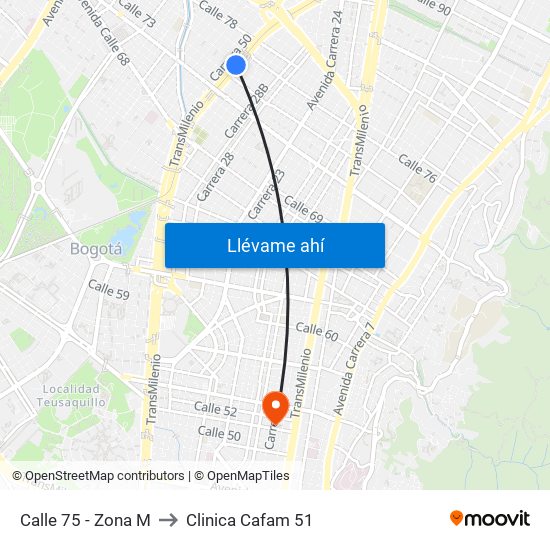 Calle 75 - Zona M to Clinica Cafam 51 map