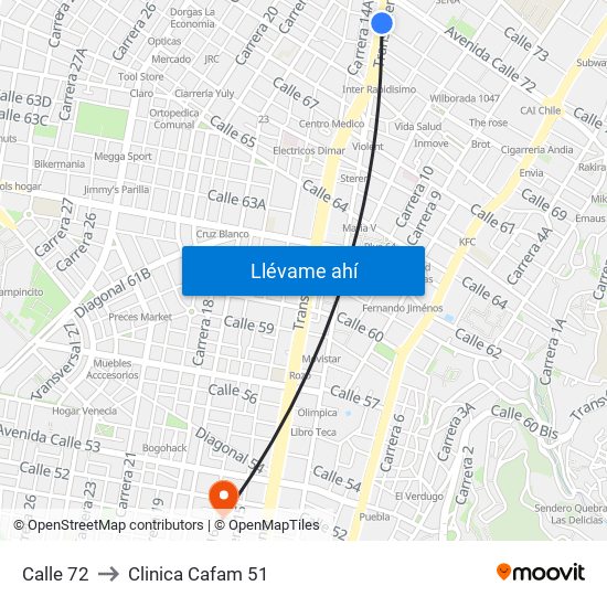 Calle 72 to Clinica Cafam 51 map