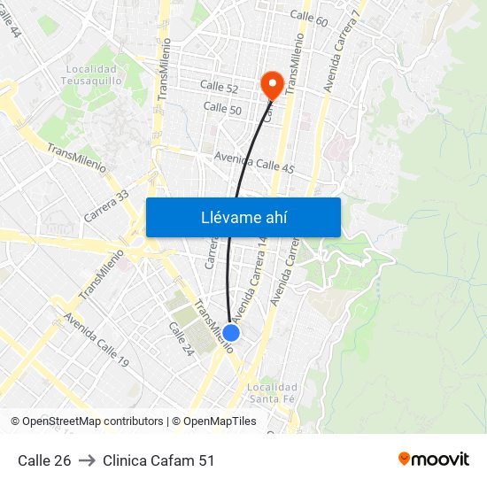 Calle 26 to Clinica Cafam 51 map