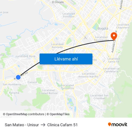 San Mateo - Unisur to Clinica Cafam 51 map