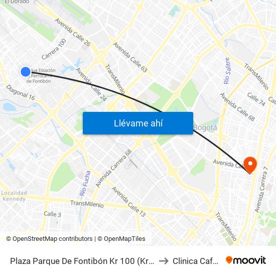 Plaza Parque De Fontibón Kr 100 (Kr 100 - Cl 17a) to Clinica Cafam 51 map