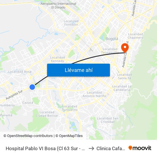 Hospital Pablo VI Bosa (Cl 63 Sur - Kr 77g) (A) to Clinica Cafam 51 map