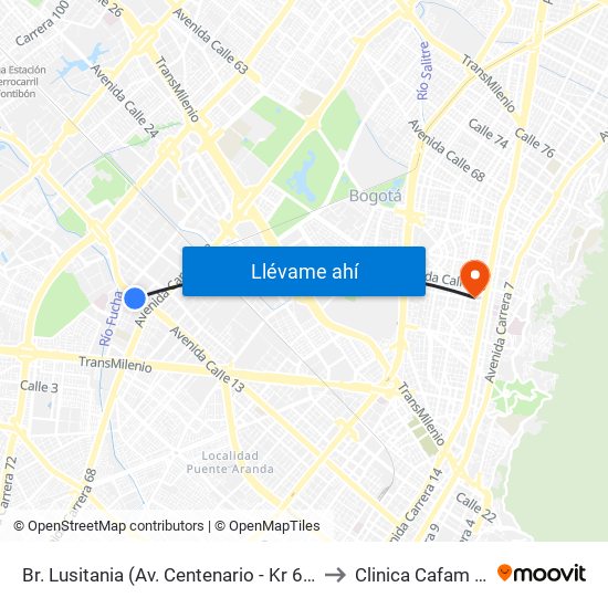 Br. Lusitania (Av. Centenario - Kr 68b) to Clinica Cafam 51 map