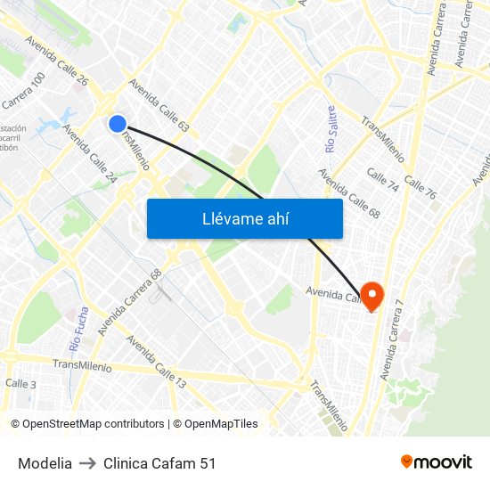 Modelia to Clinica Cafam 51 map