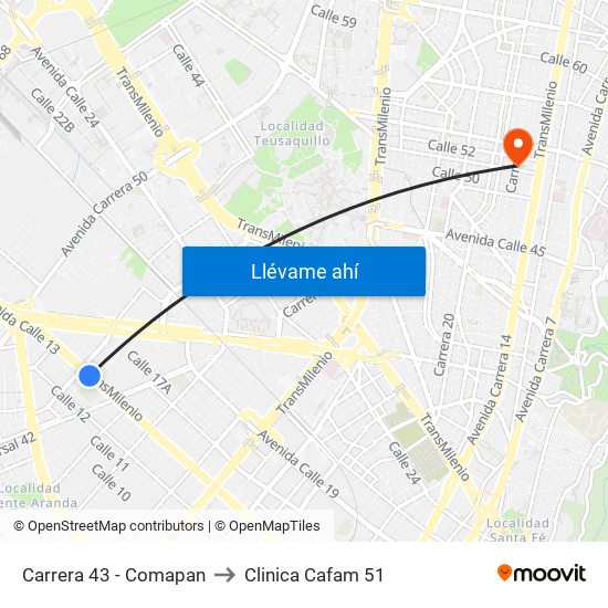 Carrera 43 - Comapan to Clinica Cafam 51 map