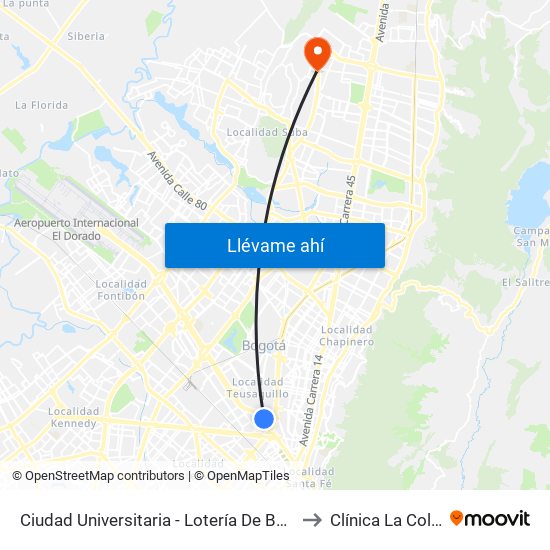 Ciudad Universitaria - Lotería De Bogotá to Clínica  La Colina map