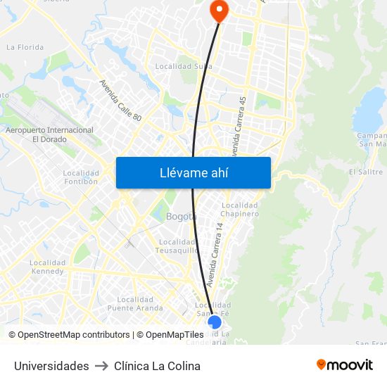 Universidades to Clínica  La Colina map