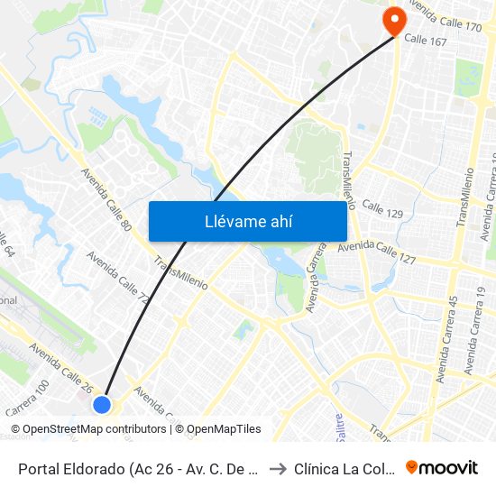 Portal Eldorado (Ac 26 - Av. C. De Cali) to Clínica  La Colina map