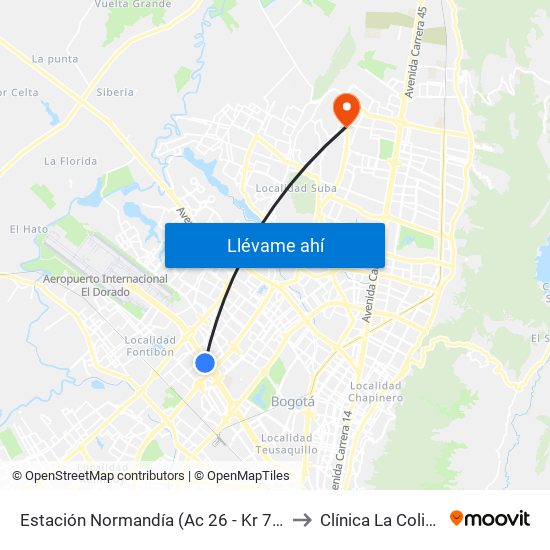 Estación Normandía (Ac 26 - Kr 74) to Clínica  La Colina map