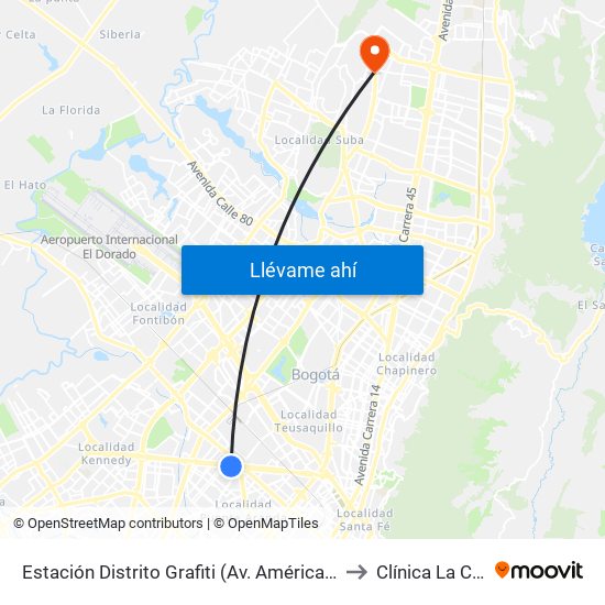 Estación Distrito Grafiti (Av. Américas - Kr 53a) to Clínica  La Colina map
