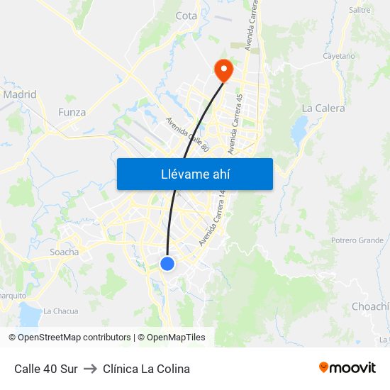Calle 40 Sur to Clínica  La Colina map