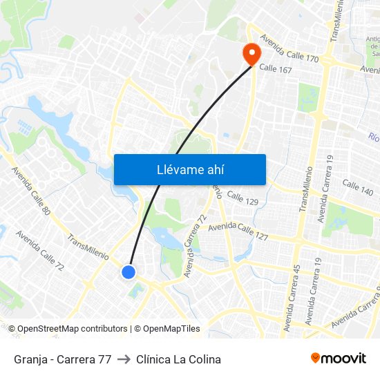 Granja - Carrera 77 to Clínica  La Colina map