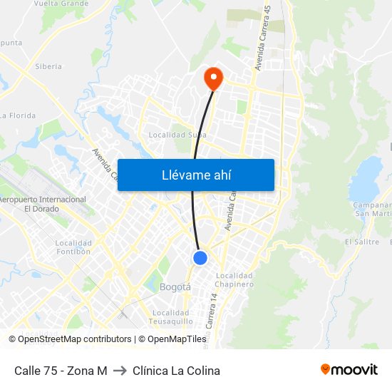 Calle 75 - Zona M to Clínica  La Colina map