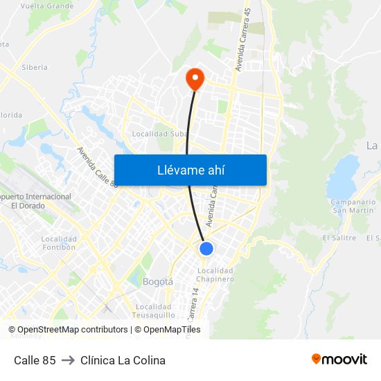 Calle 85 to Clínica  La Colina map
