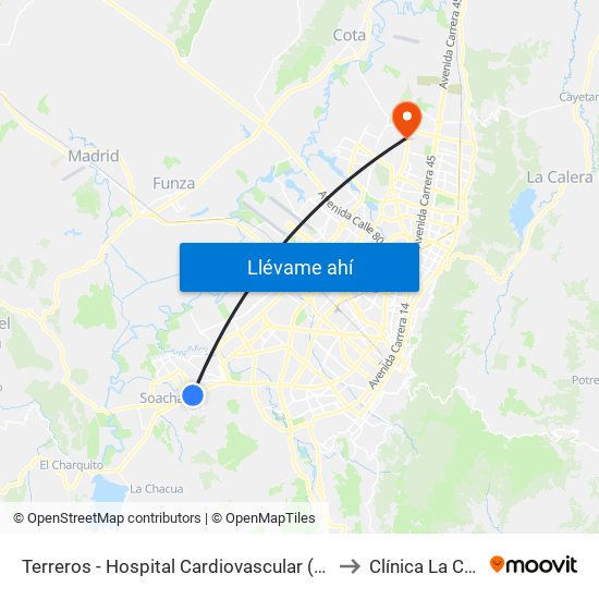 Terreros - Hospital Cardiovascular (Lado Sur) to Clínica  La Colina map