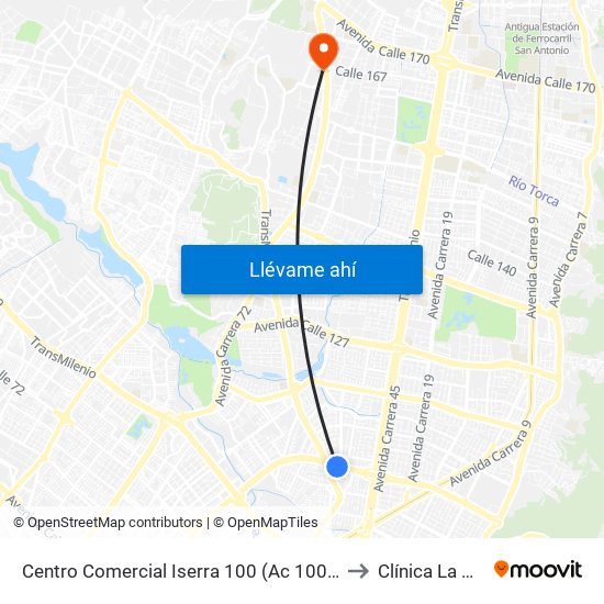 Centro Comercial Iserra 100 (Ac 100 - Kr 54) (B) to Clínica  La Colina map