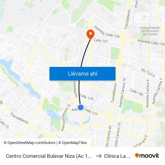 Centro Comercial Bulevar Niza (Ac 127 - Av. Suba) to Clínica  La Colina map