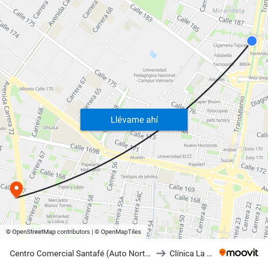 Centro Comercial Santafé (Auto Norte - Cl 187) (B) to Clínica  La Colina map